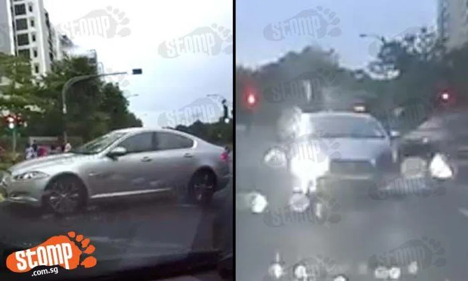 Why you high beam me? Impatient Jaguar driver forces his way through and shines headlights at Stomper