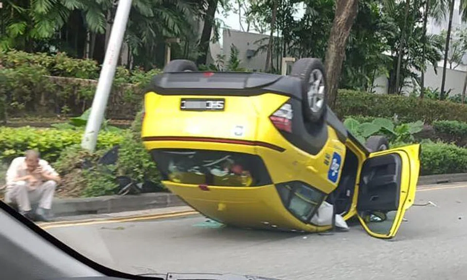 Cabby, 73, taken to hospital and assisting with investigations after taxi overturns at Sheares Ave