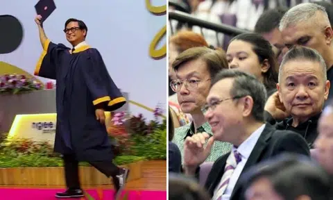Mark Lee and Marcus Chin attend colleague Dennis Chew's graduation ceremony at Ngee Ann Polytechnic