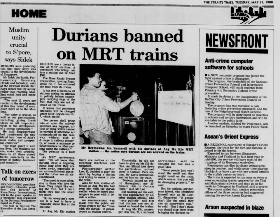 1988 news clipping about the durian ban on MRT trains