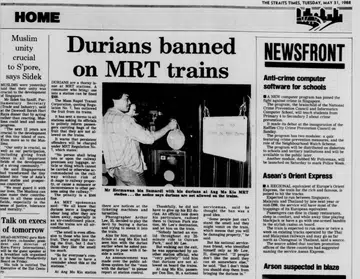 1988 news clipping about the durian ban on MRT trains