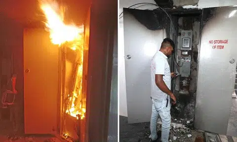 Firefighters extinguished the blaze using a hose reel and a dry powder fire extinguisher.PHOTOS: SHIN MIN DAILY NEWS READERS, SHIN MIN DAILY NEWS