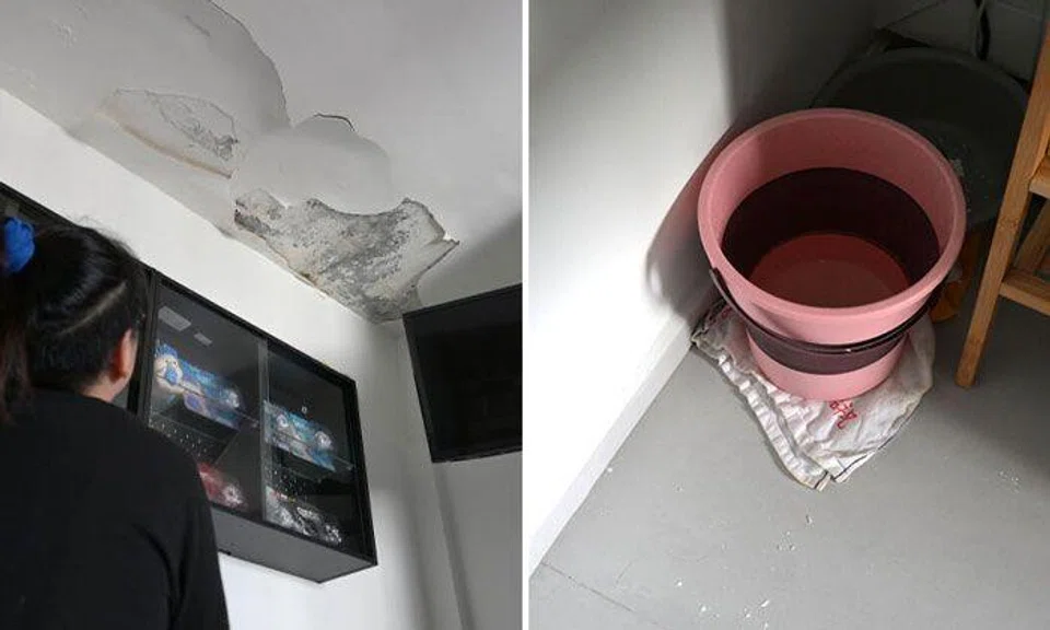 Roof repair works by the town council have not fixed the issue, which has become worse amid the recent rainy weather. ST PHOTOS: NG SOR LUAN