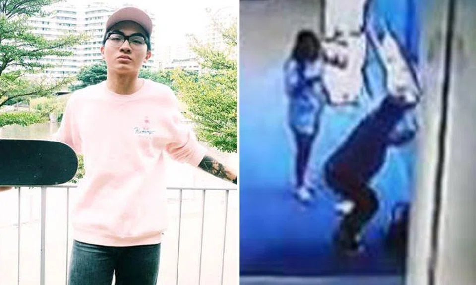 Left: Facebook photo of Jonathan Chow. Right: Video screengrab that allegedly shows the victim jumping.