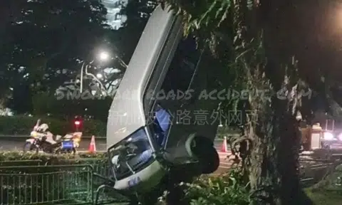 Van stuck vertically against a tree facing downwards believed to have skidded along ECP: Police