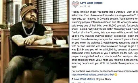 Anonymous man walks into family diner, foots the bill for other customers and tips single mom waitress whopping $1,500