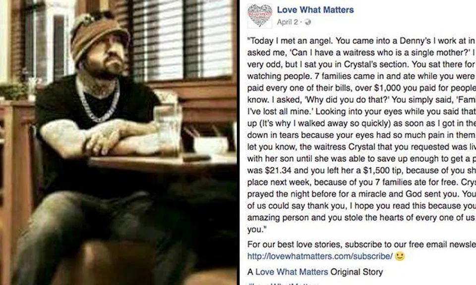 Anonymous man walks into family diner, foots the bill for other customers and tips single mom waitress whopping $1,500