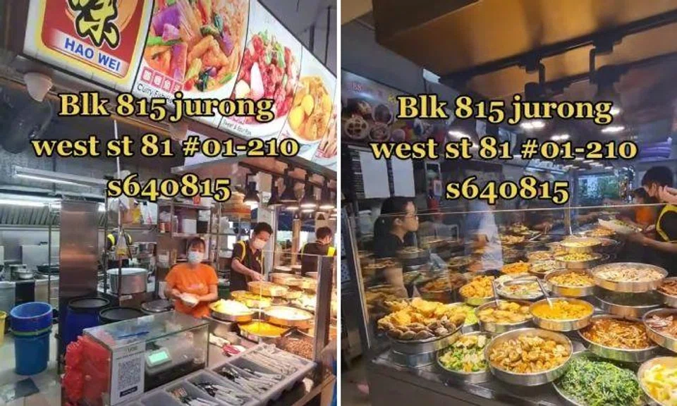 SFA suspended the licence of the Hao Wei stall at Block 815 Jurong West Street 81 from Aug 13 to Aug 26. Photos: TikTok/Haoweimixedrice