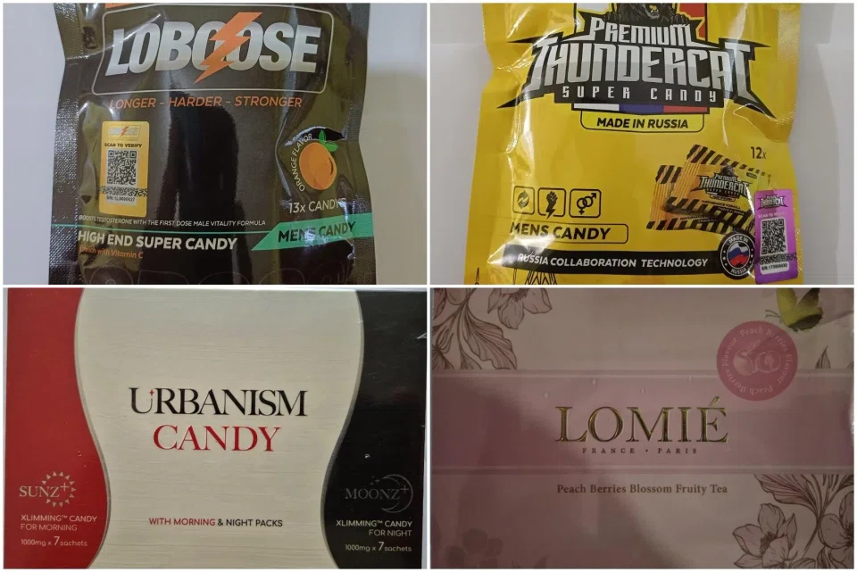 The products are (clockwise from top left) Loboose High End Super Candy, Premium Thundercat Super Candy, Lomie Peach Berries Blossom Fruity Tea and Urbanism Candy.