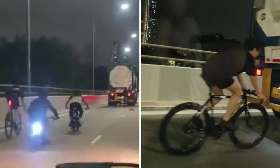 Youths cycle without helmet on West Coast Highway, one drafts dangerously behind tanker truck