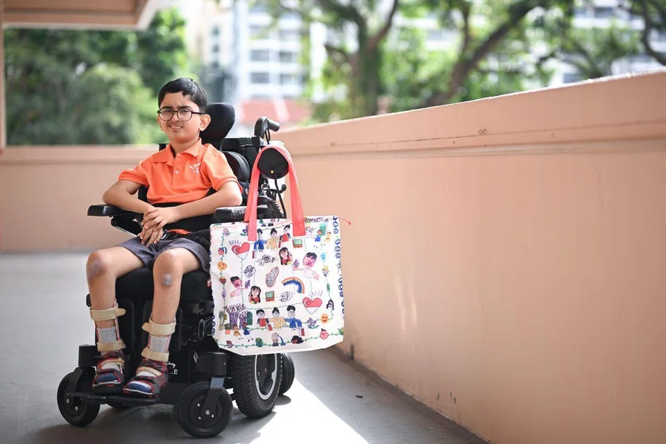 A drawing of an HDB block by Rihansh Manoj Chugani, 12, is featured in the design under the theme of Contribute.