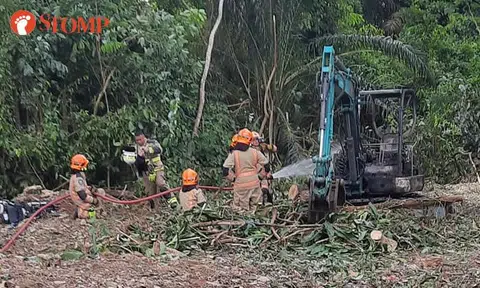 An excavator caught on fire in a grass field near Capricorn Drive on June 26. 