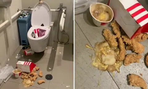 Finger-lickin' bad: Someone leaves mess of KFC food in handicap restroom, toilet bowl filled with trash