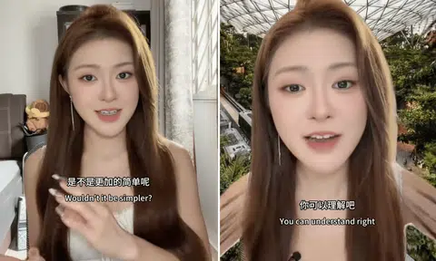 A collage of a Chinese woman speaking to the camera