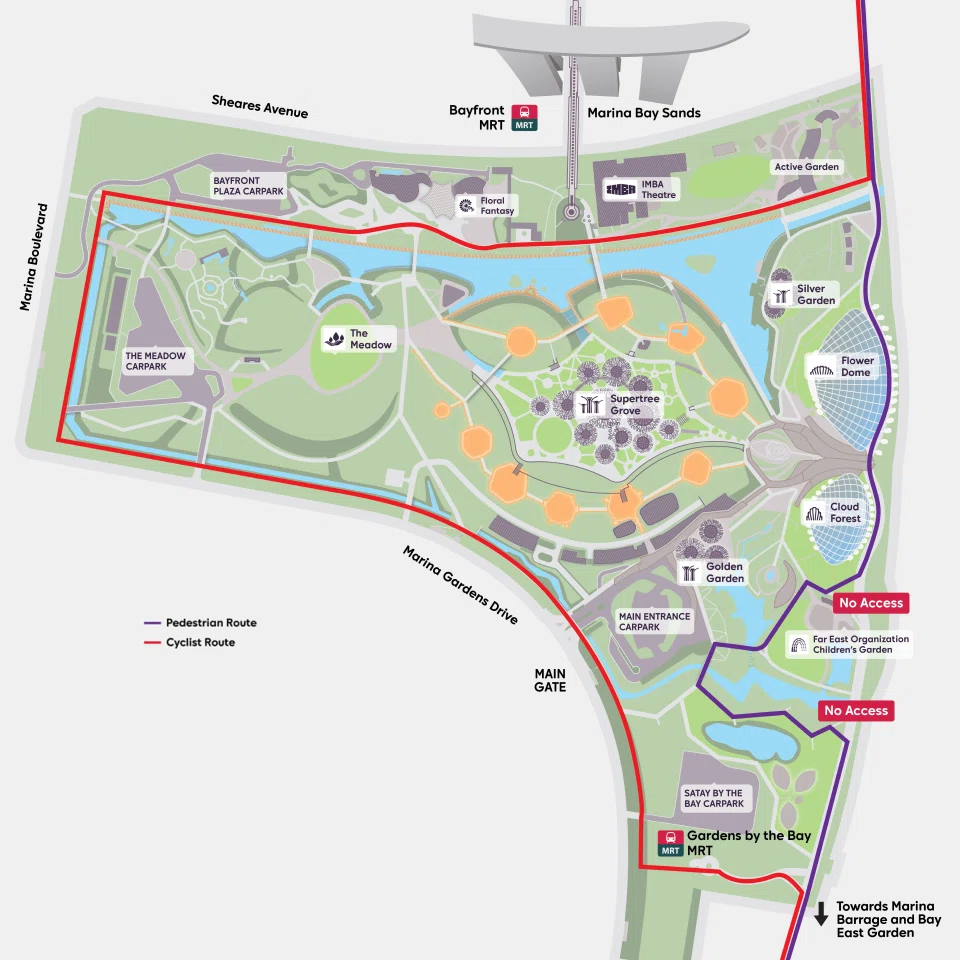 A map showing alternative routes for cyclists and pedestrians when works on the new bridge commence. PHOTO: GARDENS BY THE BAY