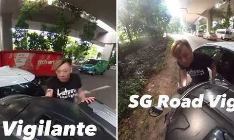 Driver upset after 'pai kia' rider points middle finger, aggressively forces him to stop at roadside