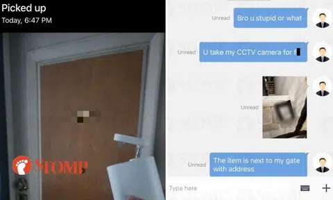 Woman places package outside door to be collected, delivery driver takes CCTV camera instead