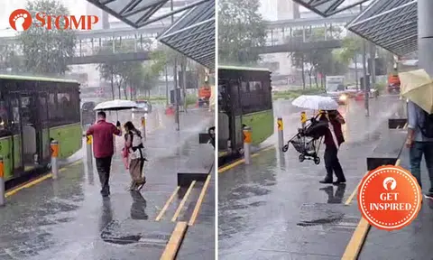 Kind bus captain shelters mum and baby from heavy rain at Suntec City bus stop