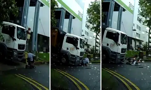 76-year-old PMD rider gets pinned under truck before falling to ground in Ubi