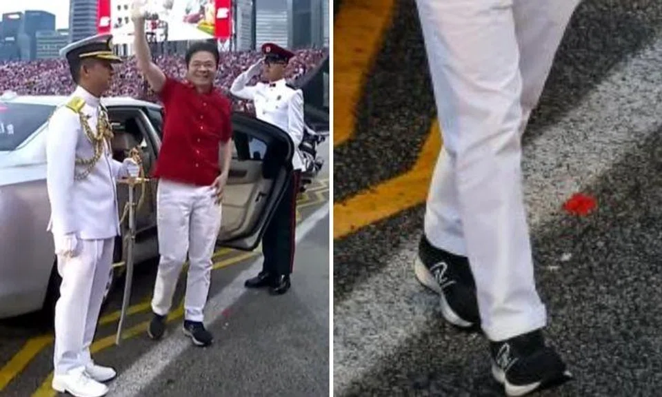 Prime Minister Lawrence Wong arrived at the National Day Parade on Aug 9 wearing a pair of black New Balance shoes that have sparked chatter among netizens online. Photos: NDPeeps, The Straits Times