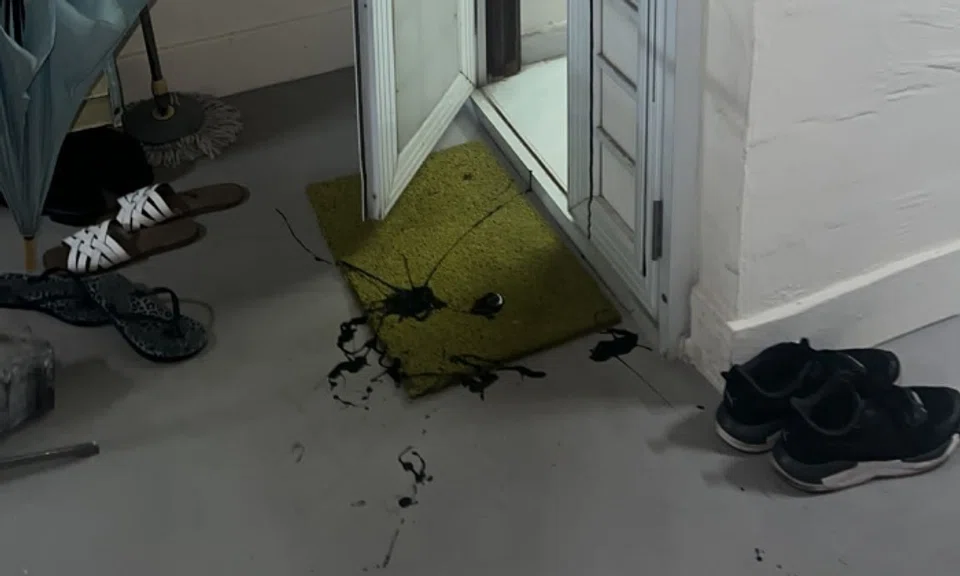 The gate of a flat was splashed with black paint on New Year's Day. Photo: Singapore Police Force