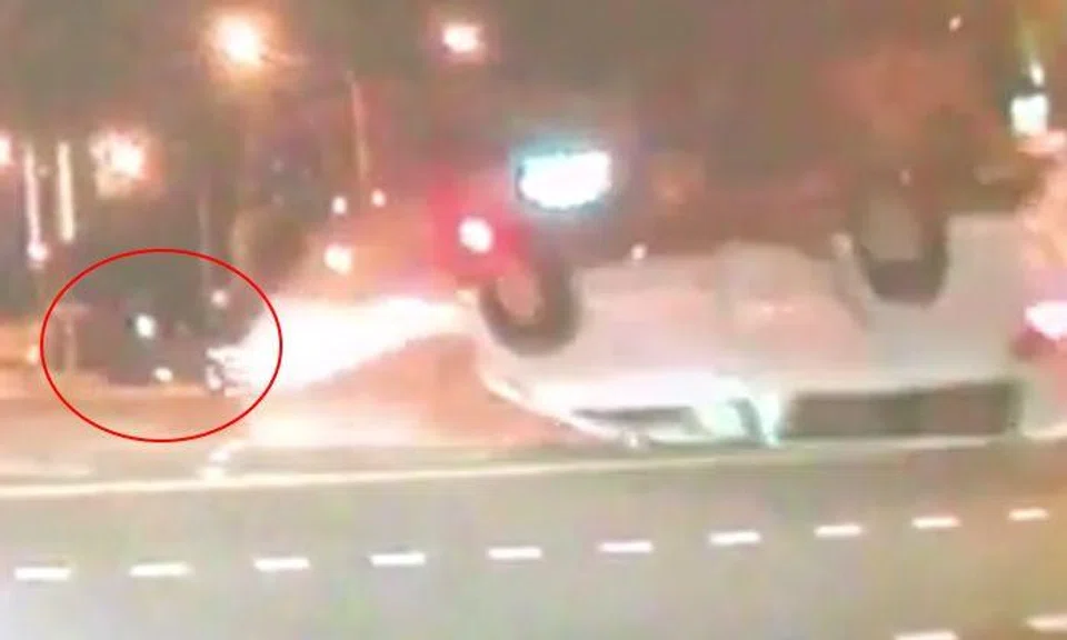 Car flips over after accident at Mountbatten Road