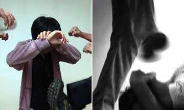 Woman getting punched and person getting kicked