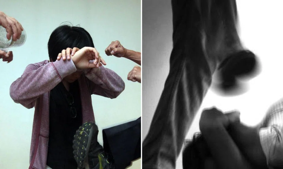 Woman getting punched and person getting kicked