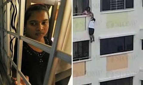 The maid (left) was captured on video (right) trying to climb back onto the corridors. 