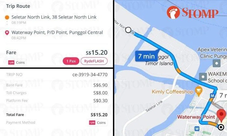 A Ryde user thought she was cheated by the Ryde driver when she was billed an extra $8 for toll charges even though there is no Electronic Road Pricing (ERP) from Seletar North Link to Waterway Point.