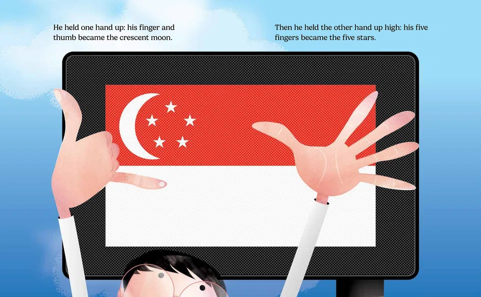 Author Neil Johnson conceived a hand sign to symbolise the Singapore flag in his picture book, The Day I Forgot My Flag, illustrated by Vincent Lee. 