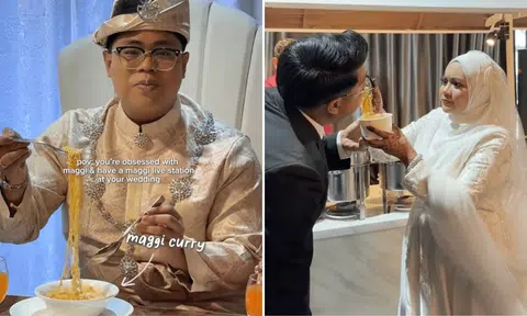 A Singapore couple has live Maggi instant noodle station at their wedding, offering guests three broth flavours. 