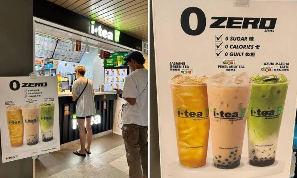 The promotion poster depicts three drinks – jasmine green tea, pearl milk tea and matcha latte with azuki beans – with text saying “zero sugar, zero calories and zero guilt” and that this is “applicable to all drinks”. Photos: The Straits Times