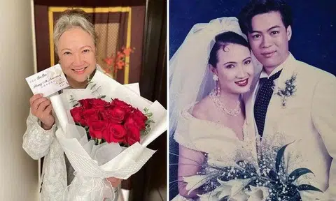 Hong Huifang received a bouquet of flowers from husband of 30 years Zheng Geping, in Taiwan's Kinmen island. PHOTO: HONGHUIFANG/INSTAGRAM, THE_CELEBRITYAGENCY/INSTAGRAM