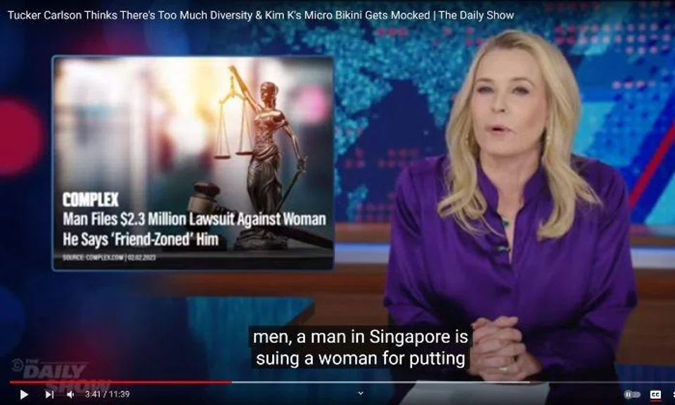 While the guest hosting the US satirical new programme on Tuesday night (Feb 7), comedian Chelsea Handler joked about the Singapore man suing a woman $3 million for "friendzoning" him.
