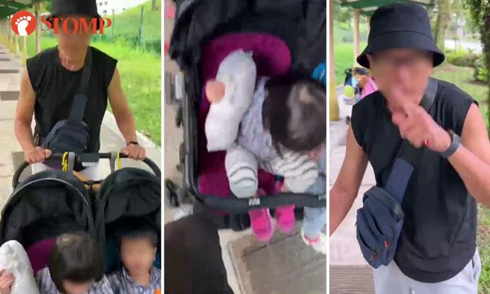 Man pushing stroller with two toddlers charges at pedestrian, calls him 'young punk'