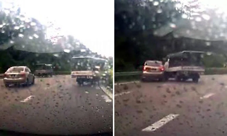 Watch how lorry skids and squashes unlucky car onto railing