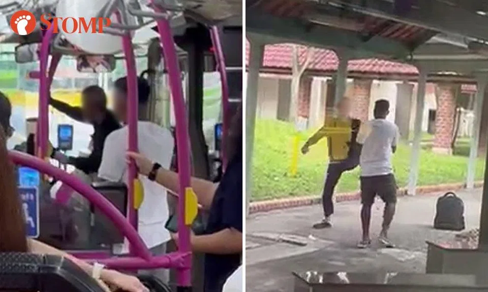 men fight on bus and at bus stop in Ang Mo Kio