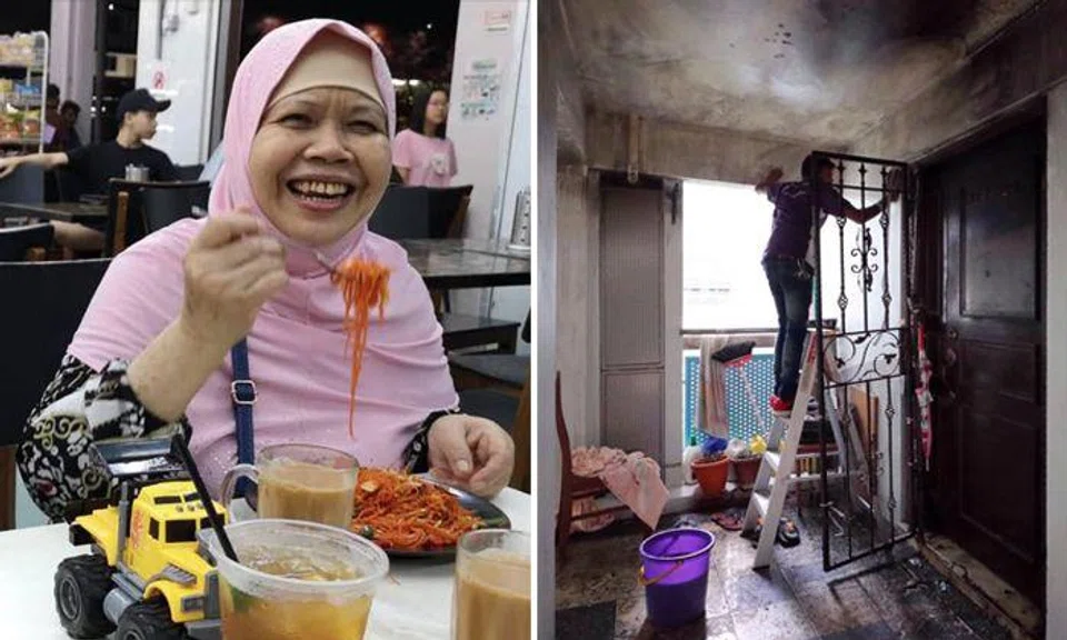 Madam Maimon Sharif (left) died in her Punggol flat after a fire broke out. PHOTOS: THE NEW PAPER, THE STRAITS TIMES / GAVIN FOO, FACEBOOK /  HAFIZAL MOHAMAD TAHIR