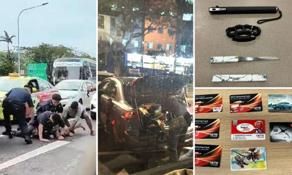 Driver arrested at Admiralty Road wanted by police and CNB, weapons and bank cards seized from car