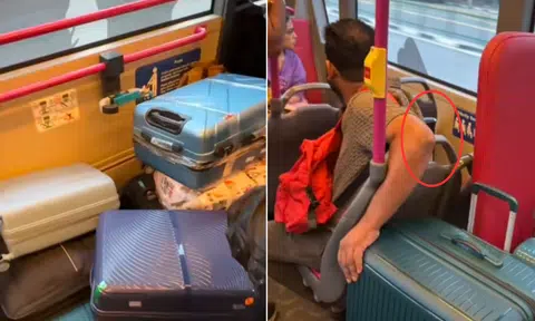 Pieces of luggage were seen occupying the designated wheelchair and stroller area on a Service 36 bus. 