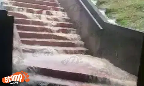 Stairway near AMK MRT Station turns into 'waterfall' due to heavy rain