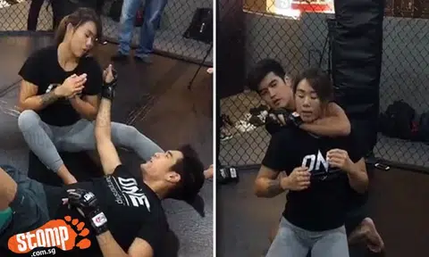 Angela Lee teaches singer Nathan Hartono some moves in the MMA cage