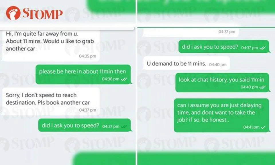 Grab driver tells guy he'll reach destination in 11 min, then says 'I don't speed' when rider accepts