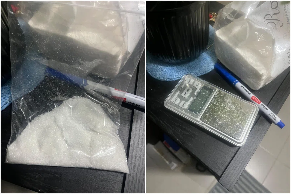 Etomidate in its powder form (left), and a weighing scale (right), were among the items found in Akil's home. He was allegedly manufacturing vape pods containing etomidate with the intent to sell them. PHOTOS: HSA