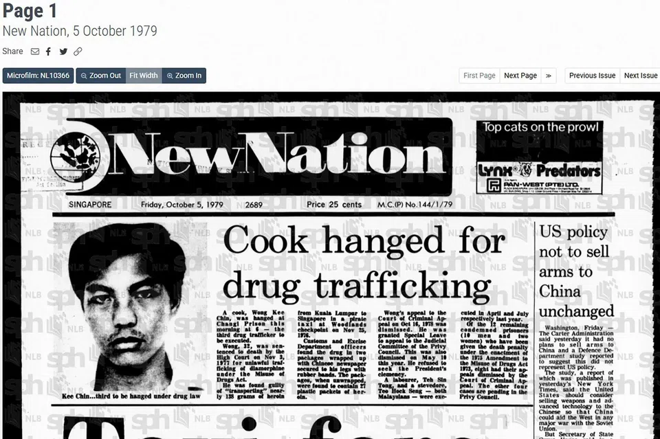 Ms Adeline Wong’s father, a cook, had been arrested in November 1976 for transporting nearly 138g of heroin from Malaysia into Singapore. PHOTO: NEWSPAPERSG