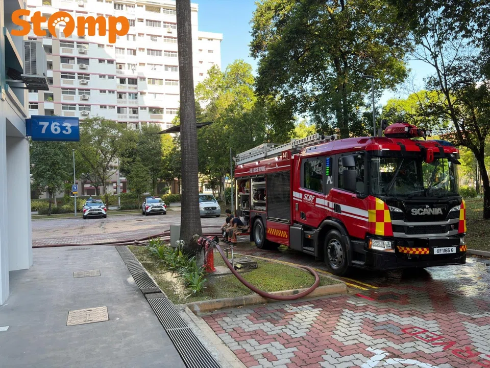 SCDF vehicles and police cars were parked at the foot of the block.