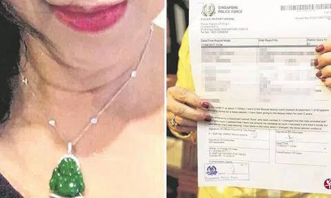 Photo: Lianhe Wanbao. The jade misplaced jade necklace (left) and police report (right)
