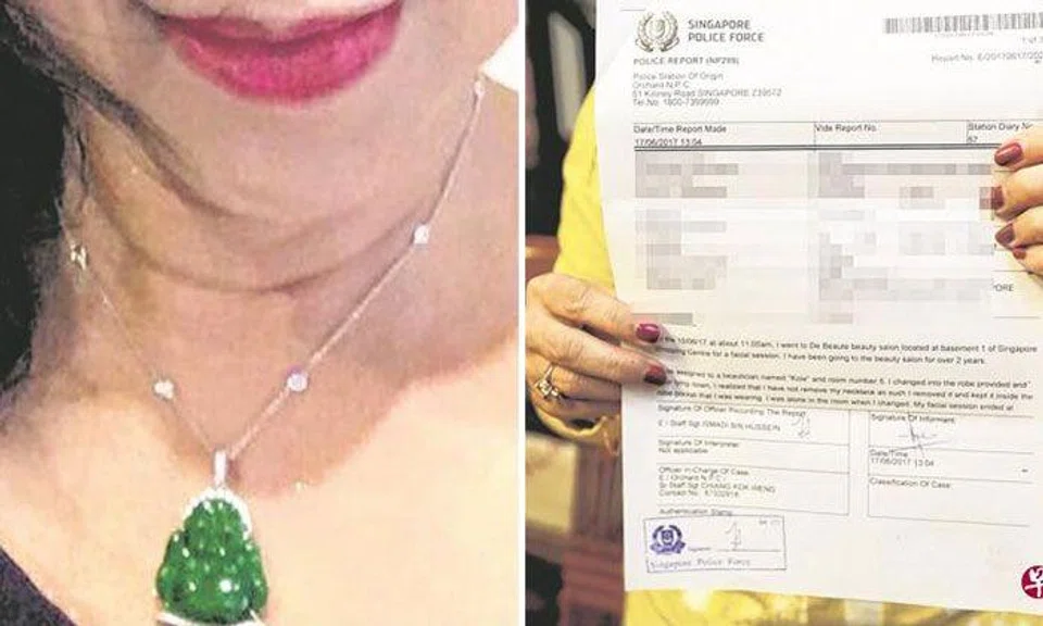 Photo: Lianhe Wanbao. The jade misplaced jade necklace (left) and police report (right)