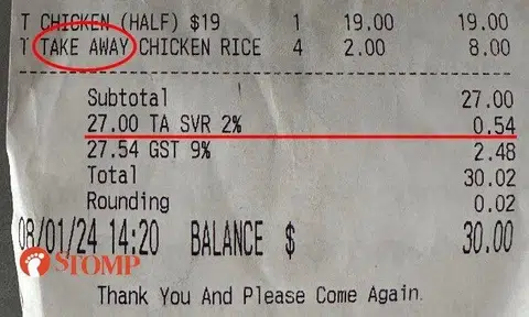 A photo of the receipt showed that the table number was 60 and the service charge was 54 cents for $27 worth of food.